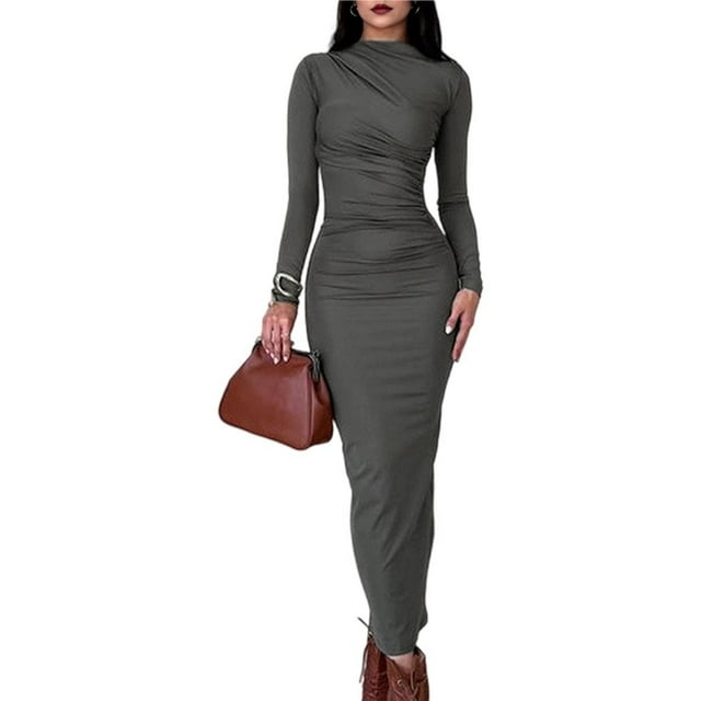 Vestido Ajustado de Otoño para Mujer, de Larga, con Cuello Redondo Fruncido y Corte Entallado, Vestido de Cóctel para Fiesta Gris Oscuro L