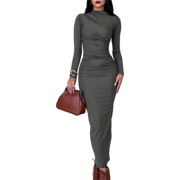 Vestido Ajustado de Otoño para Mujer, de Larga, con Cuello Redondo Fruncido y Corte Entallado, Vestido de Cóctel para Fiesta Gris Oscuro S