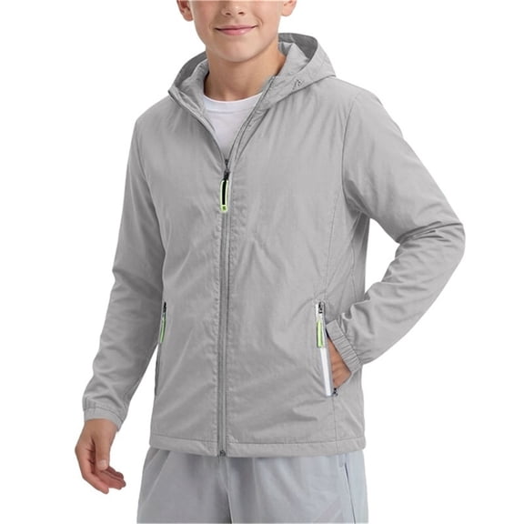 Cethrio Boys Sun Protection Jackets Size 10-12, Summer Lightweight Long Sleeve Full Zip Kids Rash Guard Outerwear with Hood Gray Size 10-12