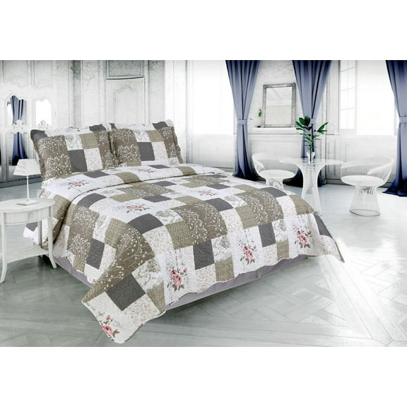 Marina Decoration Rich Printed Embossed Pinsonic Coverlet Bedset Ultra Soft Bedding Summer Quilt Set avec taies d'oreiller, motif floral rose et motif à carreaux de branches