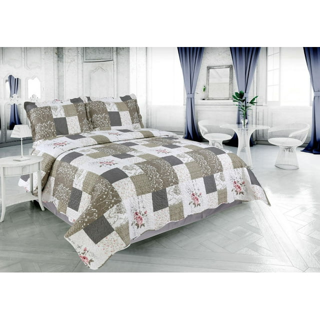 Ultra soft Marina Decoration summer quilt set with embossed pinsonic coverlet, rose floral and branch plaid pattern on bed in elegant white bedroom.