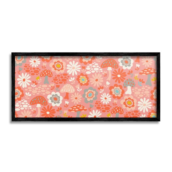Stupell Industries Groovy Mushrooms & Florals Botanical & Floral Painting Black Framed Art Print Wall Art, 30 x 13