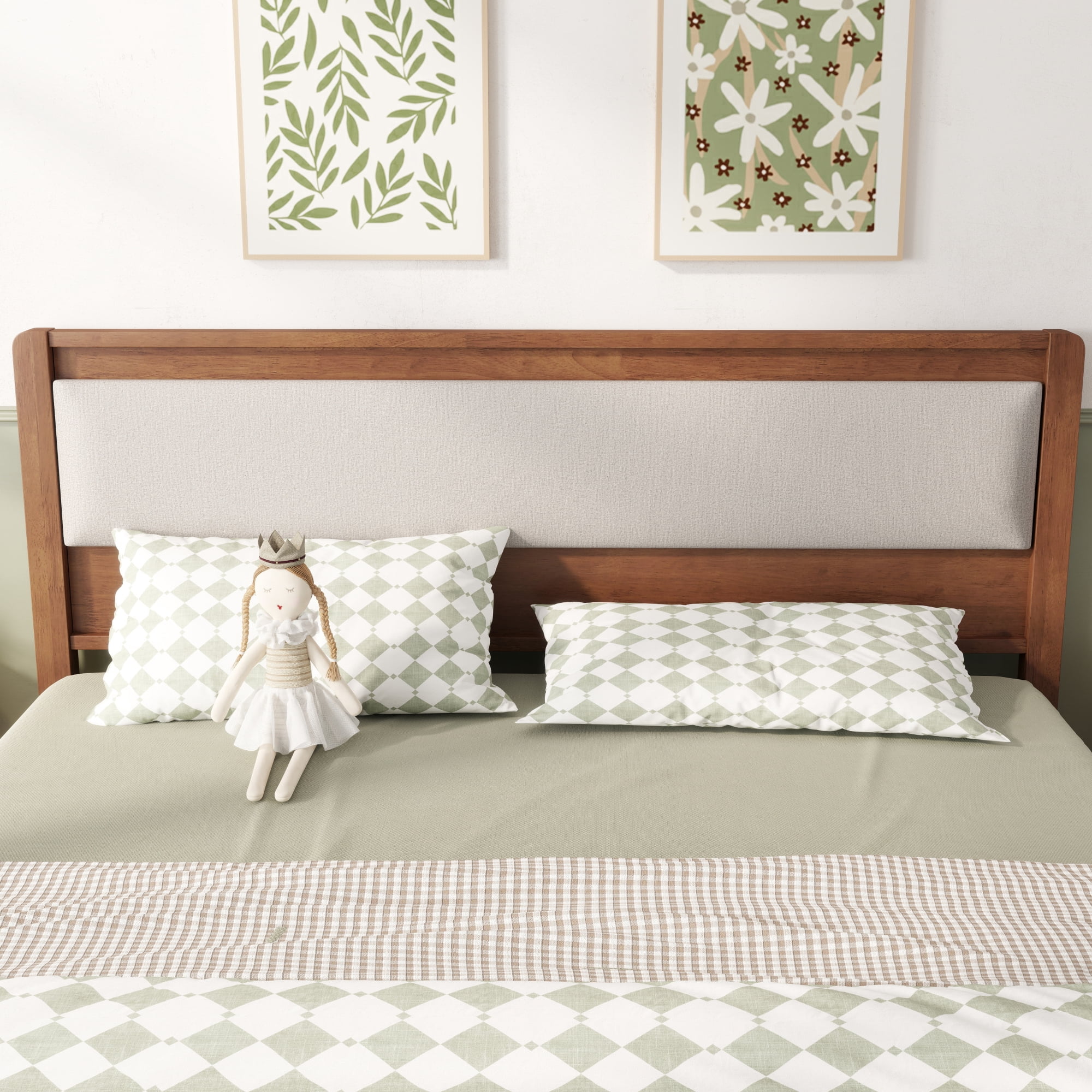 HOQBN Queen Solid Rubberwood Bed Frame with Upholstered Headboard, Reinforced Central Support Legs for Bedroom Brown