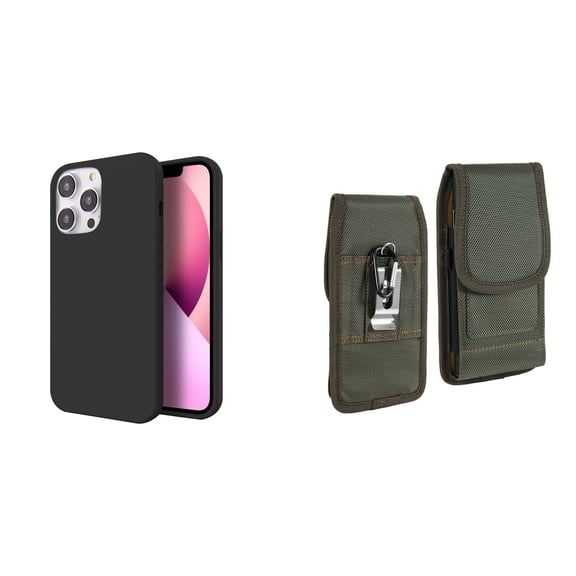 Slim Silicone Case and Belt Holster Pouch for iPhone 14 Pro (Black/Green)