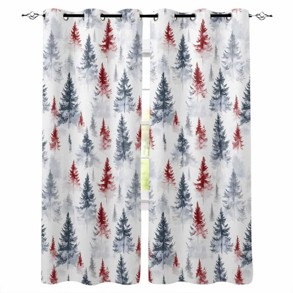 Hokiten Christmas Tree Blackout Curtains | Light Blocking Print Window Curtains, Xmas Tree Watercolor Blue Red Thermal Insulated Window Drapes for Living Room Kitchen Cafe (2 Panels, 55"W x 39"L)