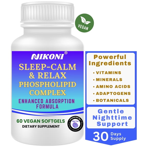 Nikoni Sleep-Calm-Relax Phospholipid Complex with Melatonin, L-Theanine, 5-HTP and Herbal Extracts Sleep Support, 60 Vegan Softgels