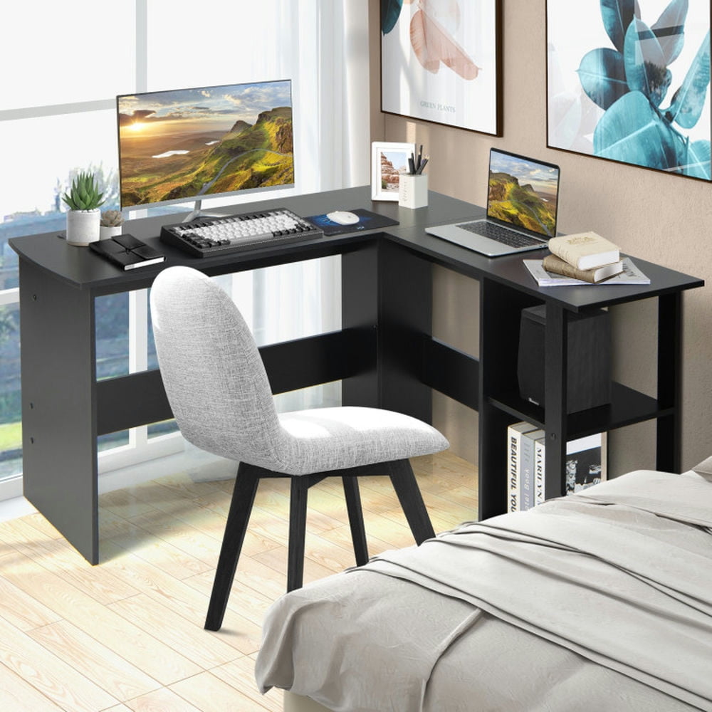 Demi Bonn L Shaped Corner Computer Desk with Storage Shelves, Small Home Office Desk Study Writing Table, Black