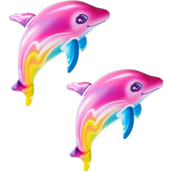 Large 36" Pink Rainbow Colorful Dolphin Inflatable Pool Toy (Set of 2) Inflate Beach Poolside Decoration