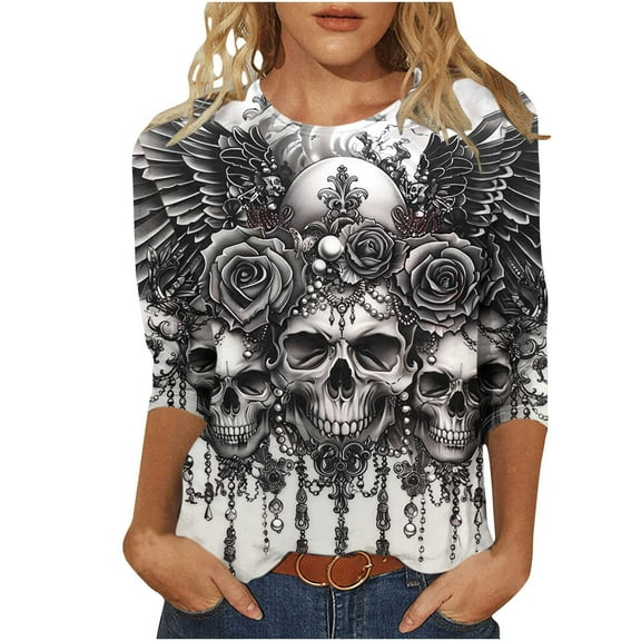 Drses‌‌ ‌‌‌‌‌‌‌‌‌‌‌‌‌‌‌‌‌‌‌‌‌Women's Halloween Spooky Skull & Ghost Graphic 3/4 Sleeve Round Neck Novelty Casual T-Shirt