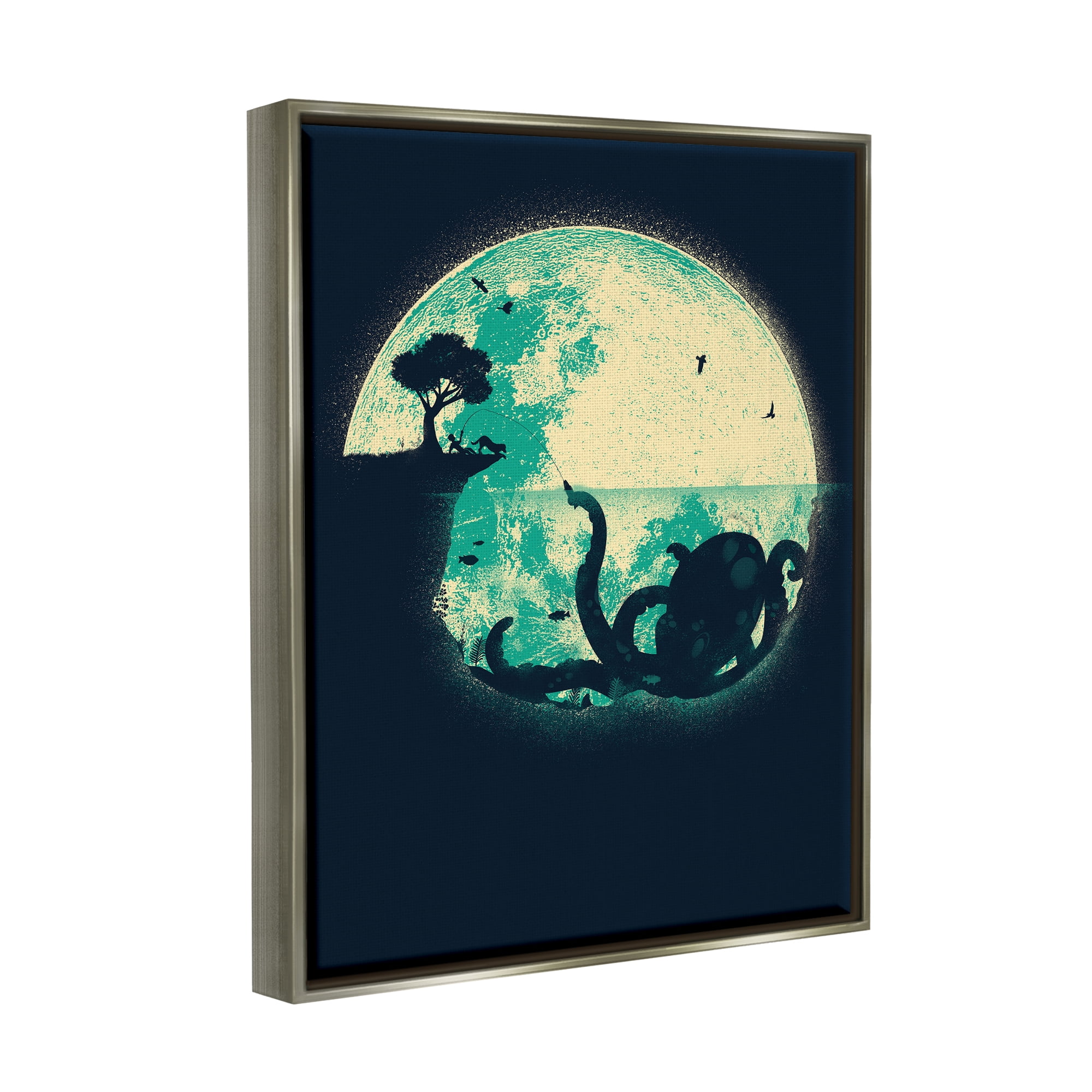 Stupell Industries Fishing Giant Octopus Animals & Insects Painting Gray Floater Framed Canvas Art Print Wall Art, 25 x 31