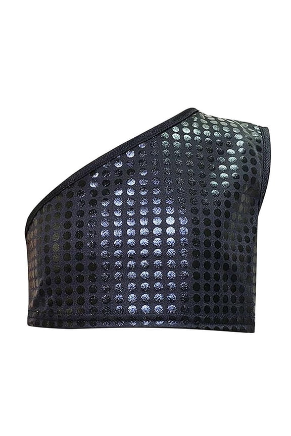 Polka Dot One Shoulder Crop Top for Kids Midriff Bare Blouse Short Sleeve Stage Wear For Adults Kids Performance Tees Black