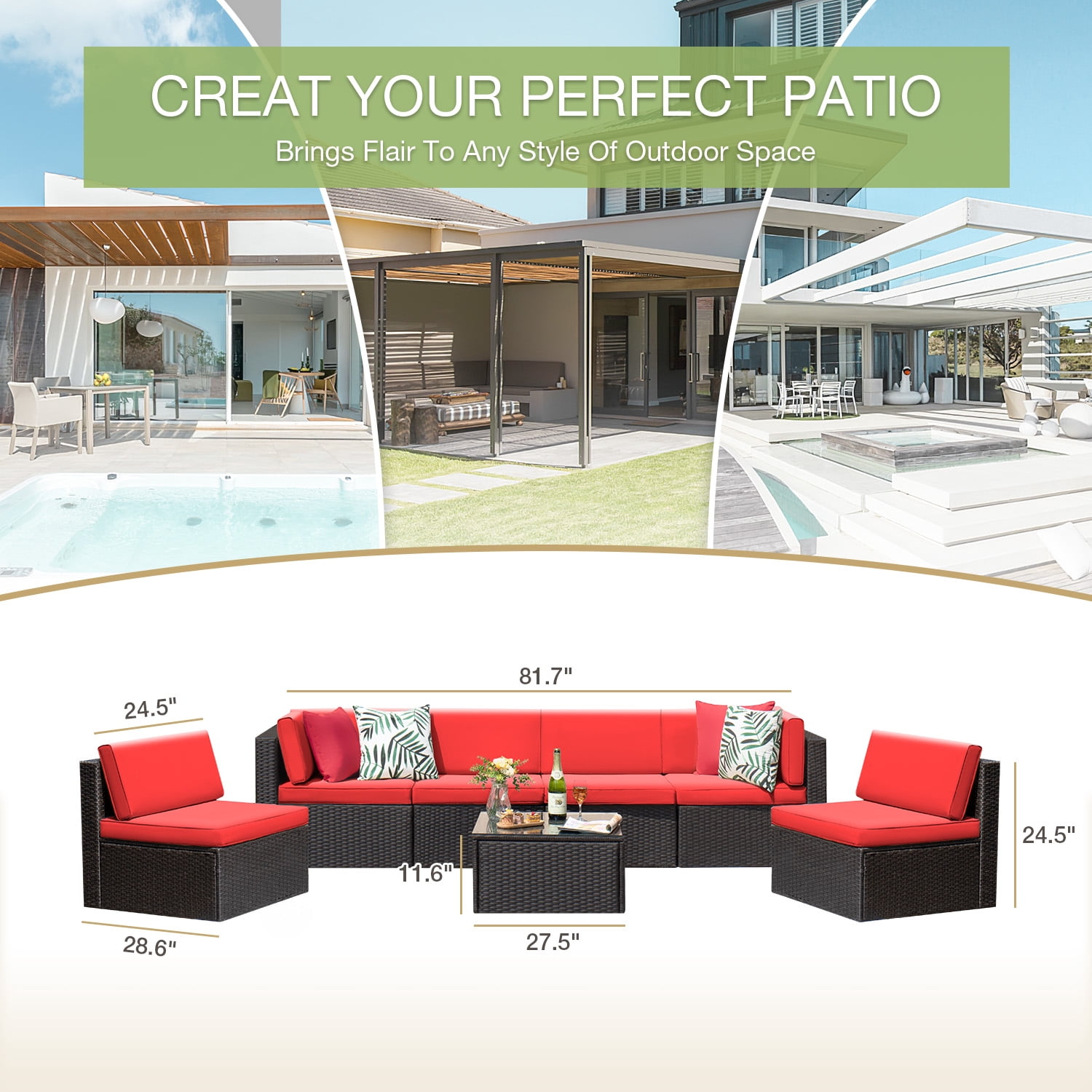 Vineego 7 Pieces Outdoor Patio Furniture Sets Wicker Sectional Sofa All-Weather PE Rattan Conversation Sets, Red