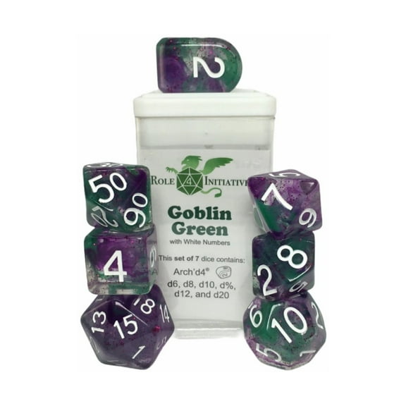 Role 4 Initiative Polyhedral Dice - Green Goblin Arch'd4's w/White Creature Symbols & Numbers (7) New