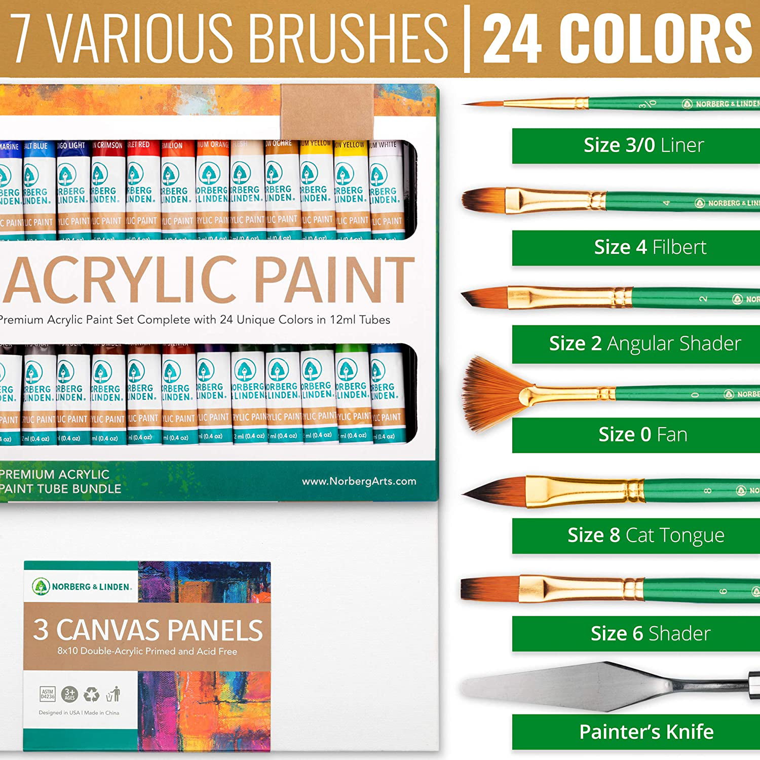 Norberg & Linden Premium Acrylic Paint Set - Acrylic Paint Sets for Adults,  Teens, Kids - Premium Painting Supplies - Includes 60 Vivid Colors (4 oz)