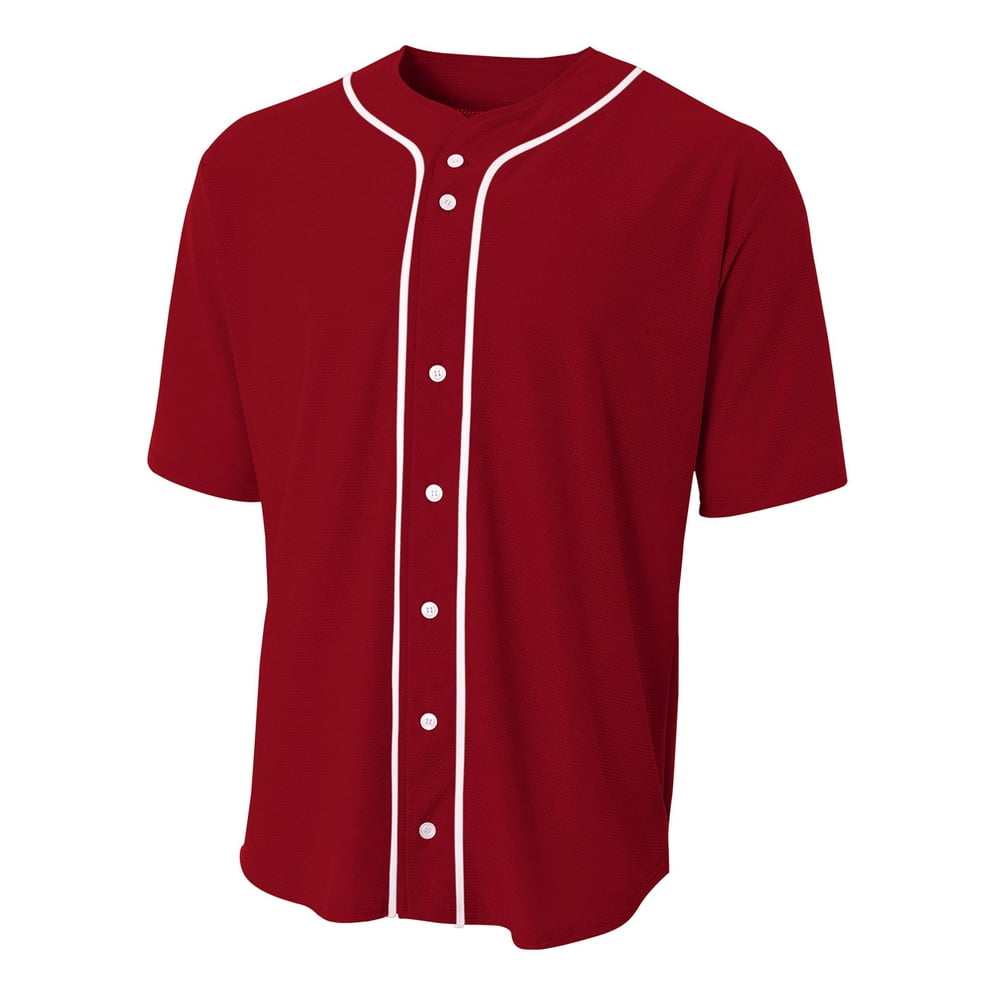 A4 Short Sleeve Full Button Baseball Jersey For Youth Male in Cardinal