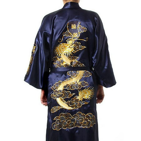 

Men Satin Chinese Dragon Kimono Silk Bathrobe Pajamas Sleepwear Gown Bath Robe