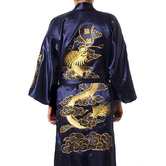 Lefu Peignoir en Satin pour Homme Kimono Dragon Chinois en Soie Pyjama Tenue de Nuit Robe de Chambre Peignoir