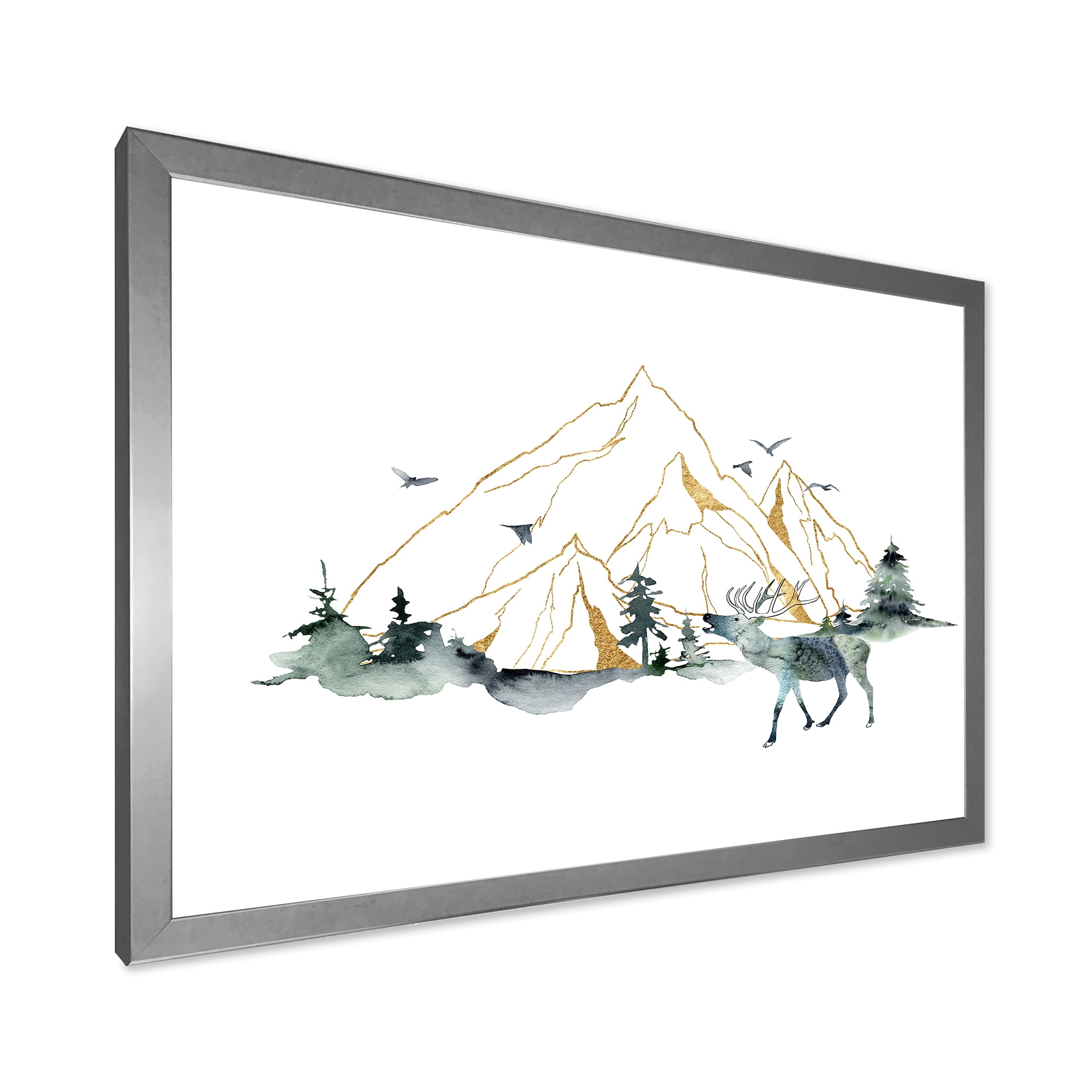 Designart 'Minimalistic Landscape of Forest Deer and Mountains' Modern Framed Art Print