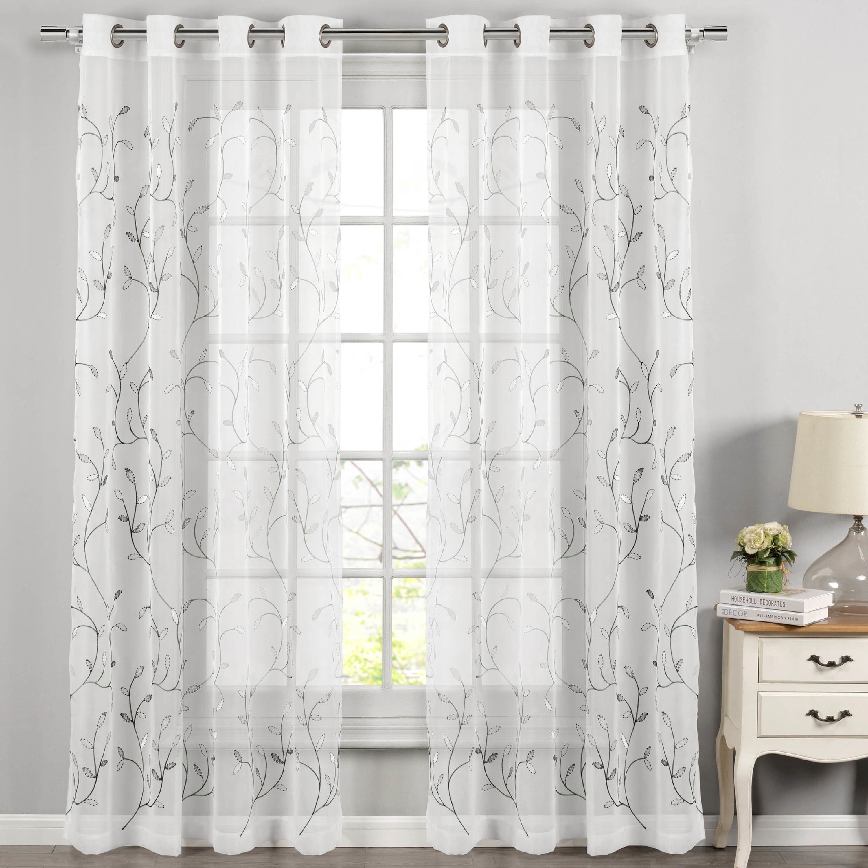 Grommet Curtain Panel, Embroidered Sheer Extra-Wide, Silver 54" x 96"