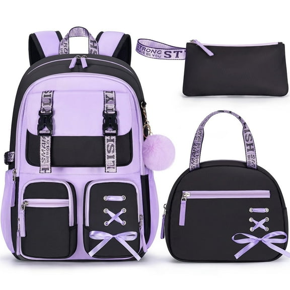 3PCS Backpack Set, Waterproof Backpack with Lunch Box & Pencil Case for Travel Daypacks (Black Purple)