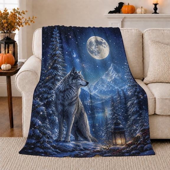 Arctic Wolf With Wolf And Snowy Pines Snowy Pine Forest Serene Wildlife Art Wildlife Lovers Winter Wilderness Scene Warm Flannel Blanket, Christmas Gift for Cabin and Lodge Home Decor