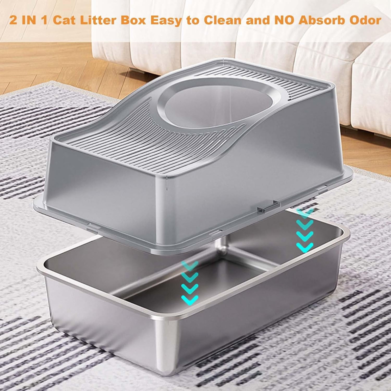 Rugerasy Stainless Steel Litter Box with Lid,Extra Large High Sided Cat Litter Trays,Enclosed Litter Box with Cat Litter Mat and Scoop,Easy Clean Detachable,Gray Basin 20 high