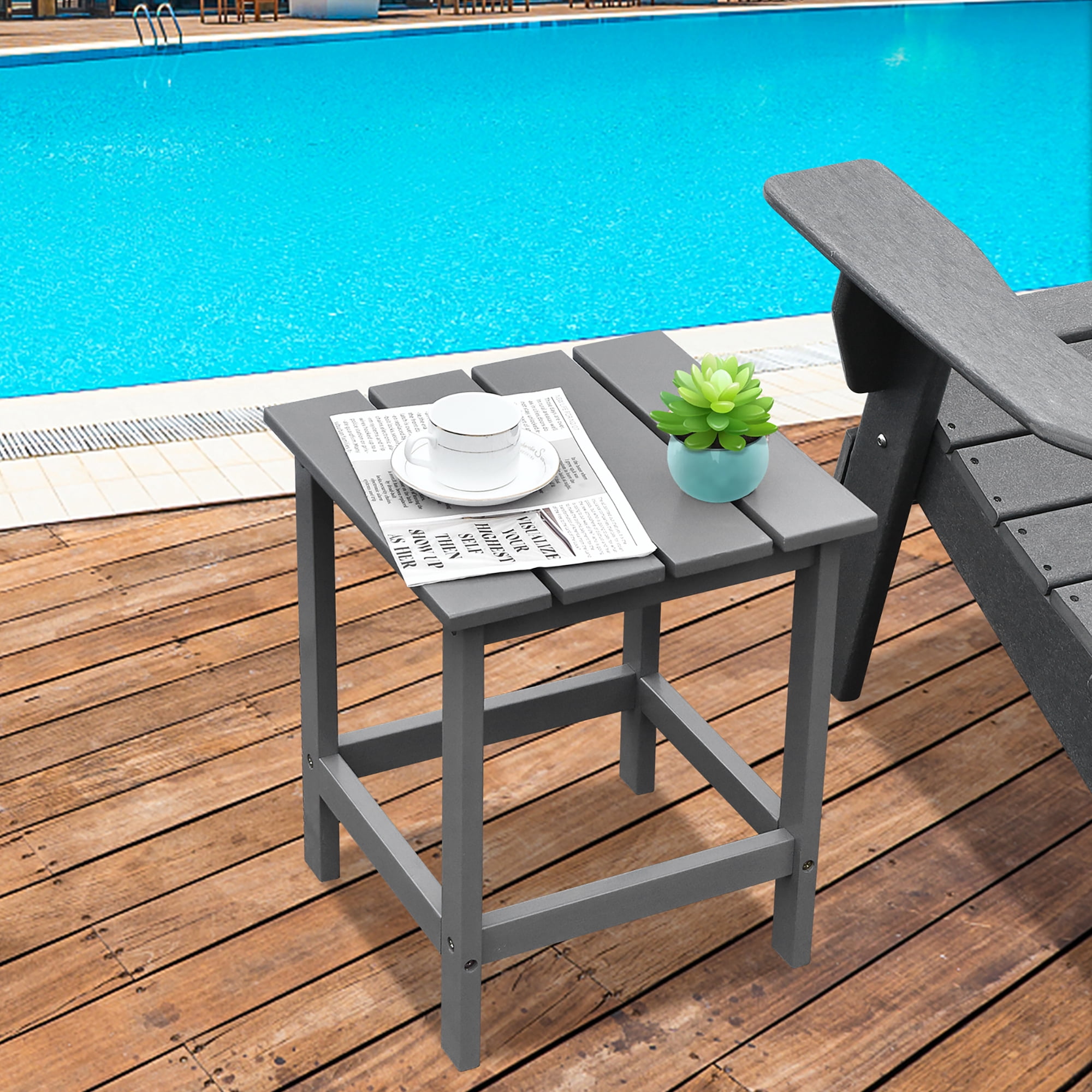 Costway Patio 15" End Side Coffee Table Square Wooden Slat Garden Deck Gray