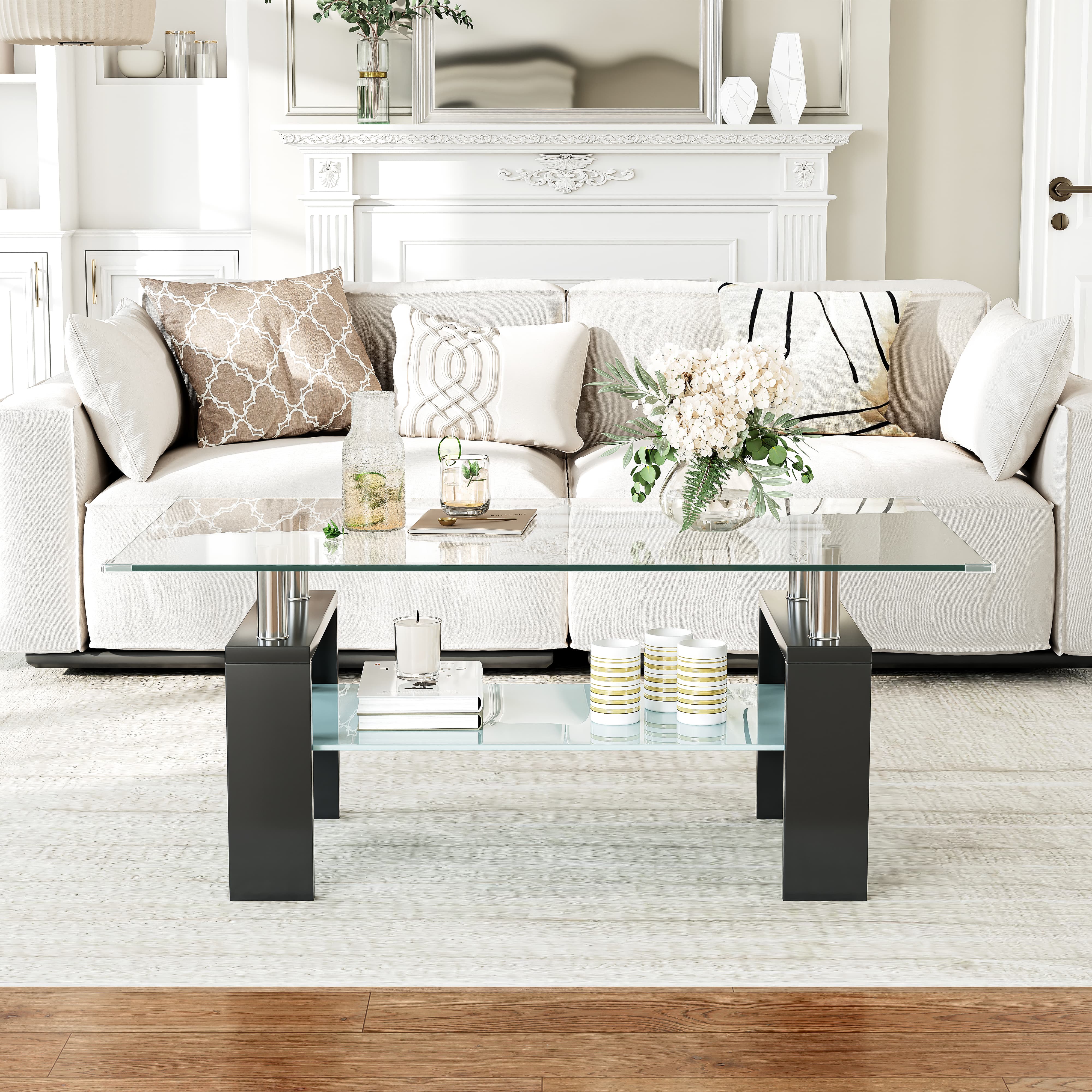 Rectangle Glass Coffee Table, 37.2"  2-Tier Modern Tea Table with Storage Shelf for Living Room