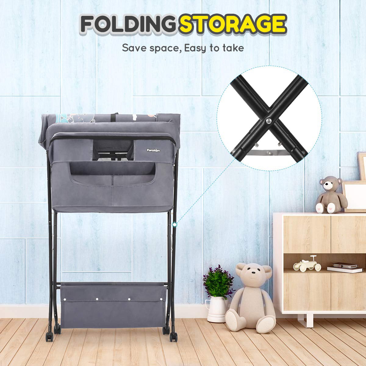 Safety Belt & Storage Racks for Newborn Baby Infant Black Height Adjustable Mobile Nursery Organizer with Hanging Toy KIKET Baby Changing Tables Portable Folding Diaper Changing Station with Wheels 