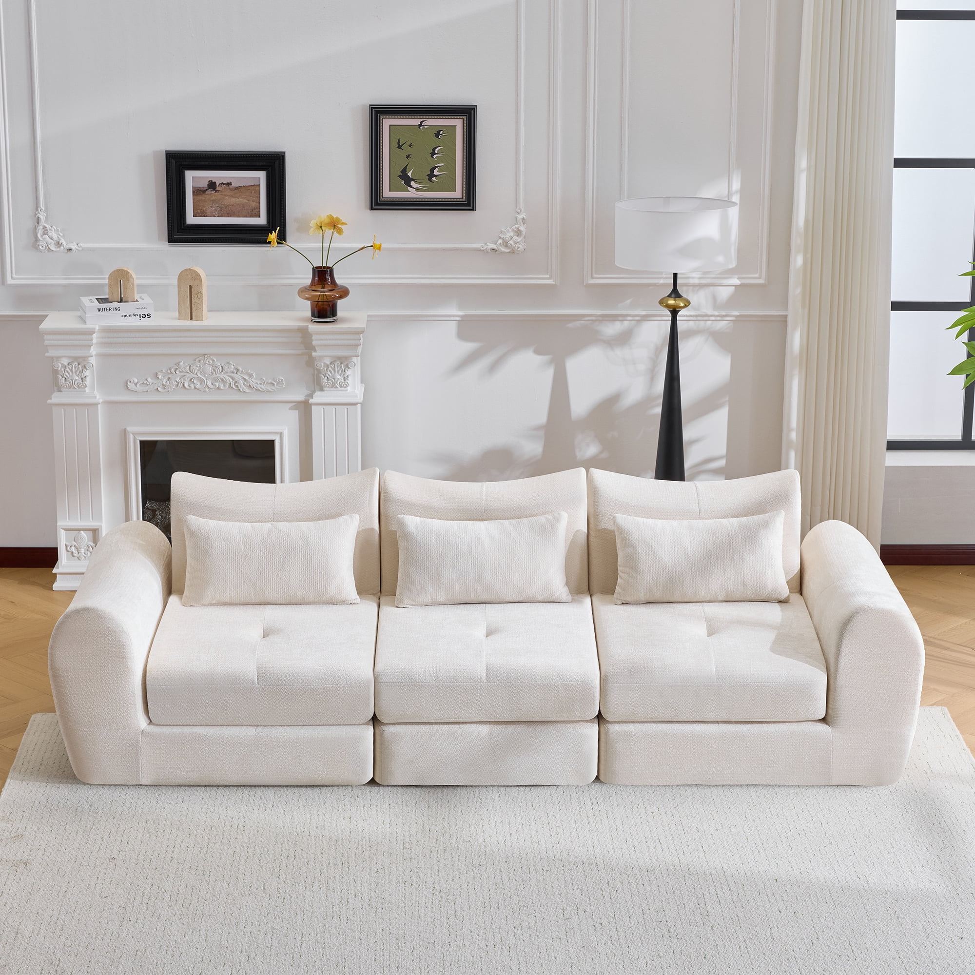 BSHTI 101.58" Chenille Modular Cloud Sofa, Comfortable Sectional Sofa with Convertible Folding Design for Living Room（White）