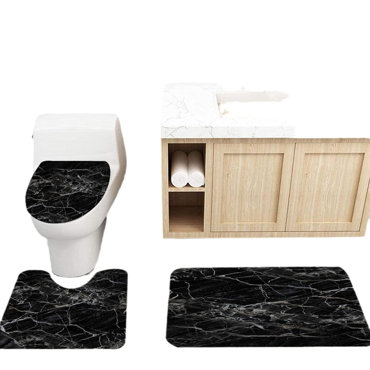 Bathroom 4pcs Black Gray Marble Shower Curtain with Bathroom Carpet Set
