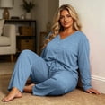 thumbnail image 6 of Fashion Pajamas for Women Set Plus Size Fashionable Solid Color Button V Neck Long Sleeved Shirt Pants Casual Home Suit Set XXXL, 6 of 7