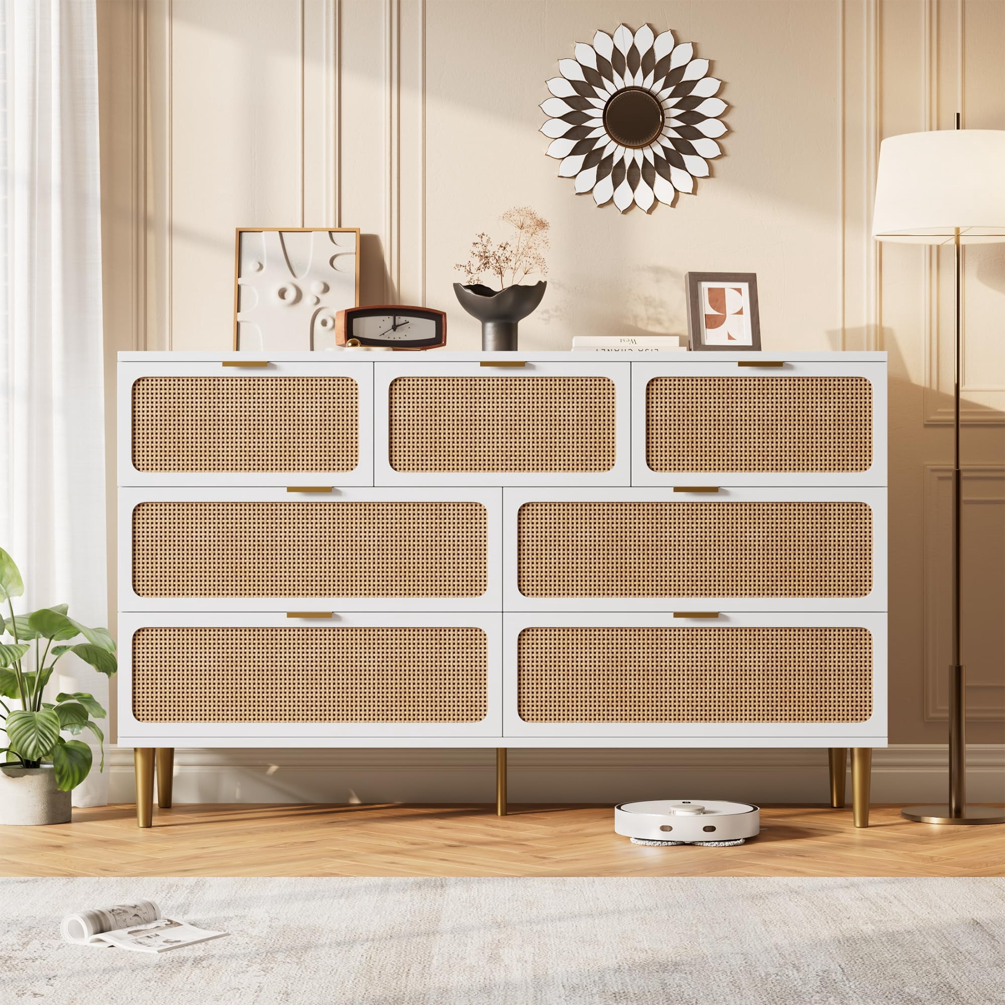 White Rattan 7-Drawer Dresser – Tall Wooden Chest with Deep Wide Storage – Large Modern Organizer for Bedroom Living Room Hallway Nursery Closet