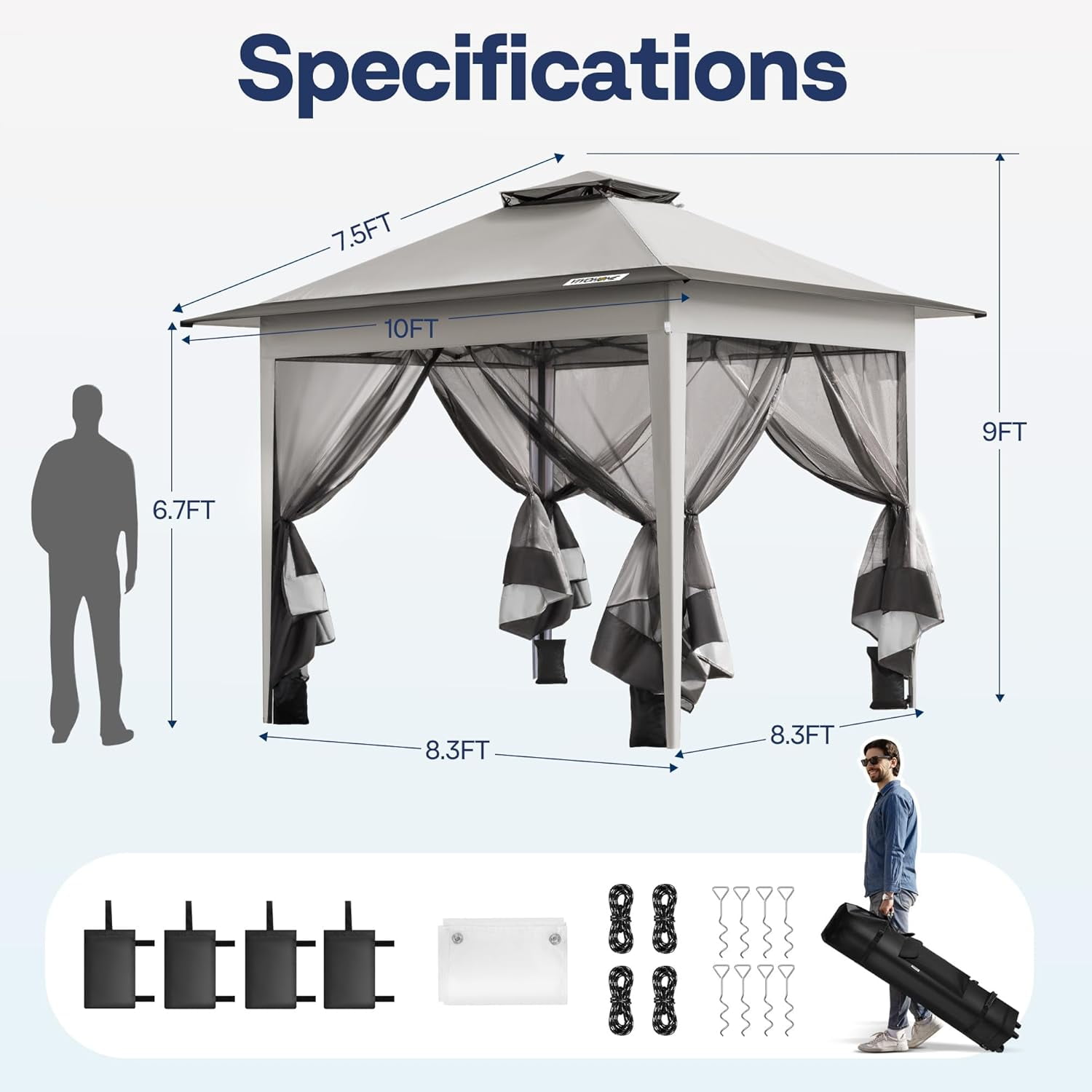 SPECSTAR Pop Up Gazebo 10x10ft Outdoor Canopy Tent with Mosquito Netting & 2 Tiers Roof for Patio Garden Backyard, Beige