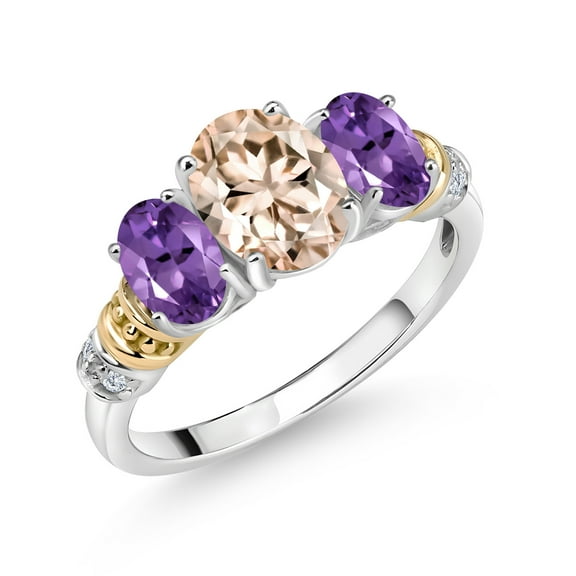 Gem Stone King 925 Sterling Silver and 10K Yellow Gold Oval Peach Morganite Purple Amethyst and White Diamond 3 Stone Ring for Women (1.93 Cttw, Gemstone October Birthstone, Size 7)