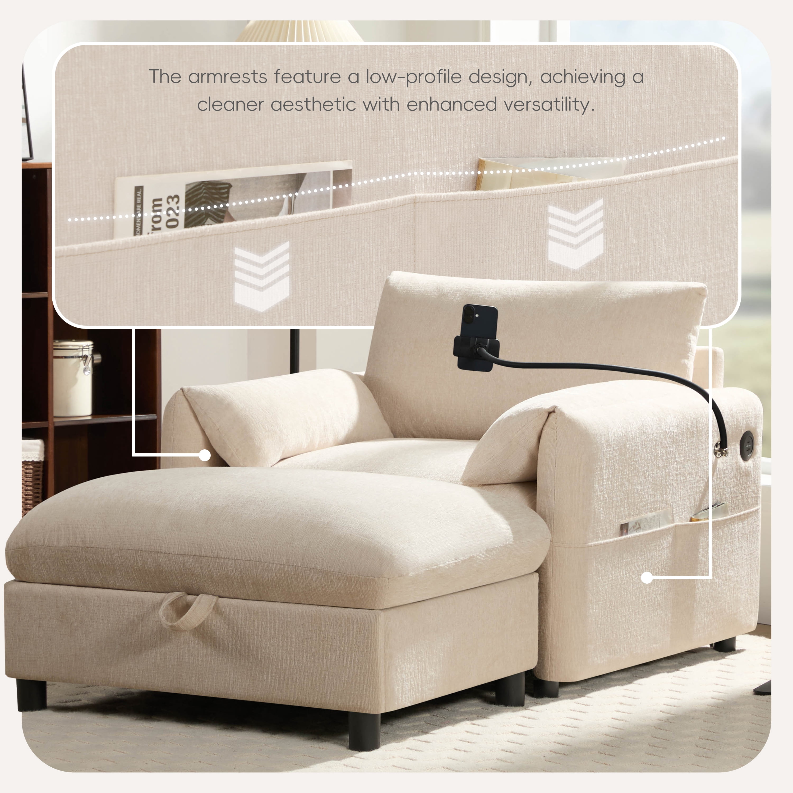 Euroco Accent Chair with Storage Ottoman, Modern Chenille Single Sofa Chair with USB Port,Side Pockets & Adjustable Phone Holder, Cloud Couch with Convertible Chaise for Living Room,Office,Beige
