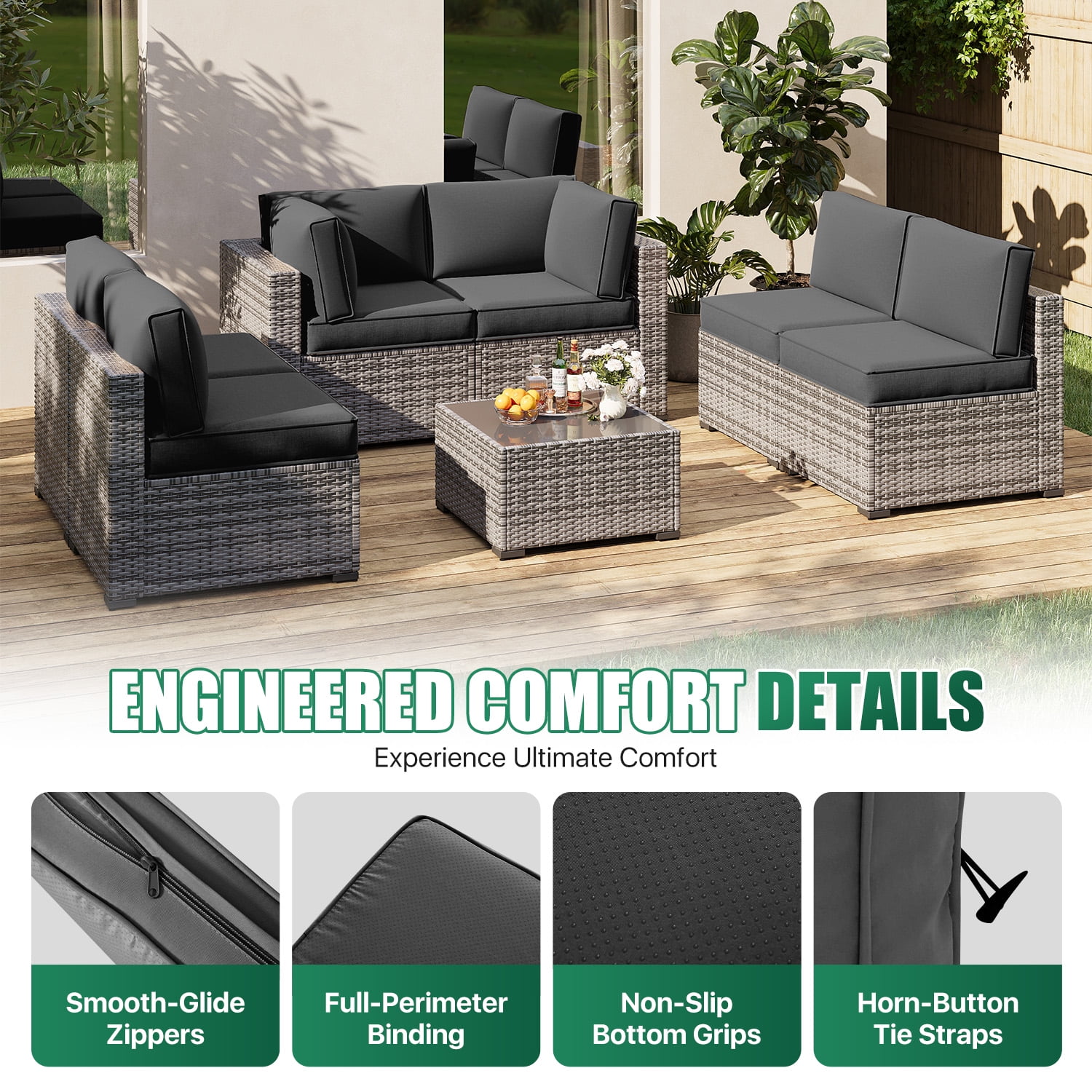 Clouddwell 14-Piece Outdoor Cushion Set for 6-Seat Wicker Sectional - Waterproof, High-Resilience Foam (Dark Gray)
