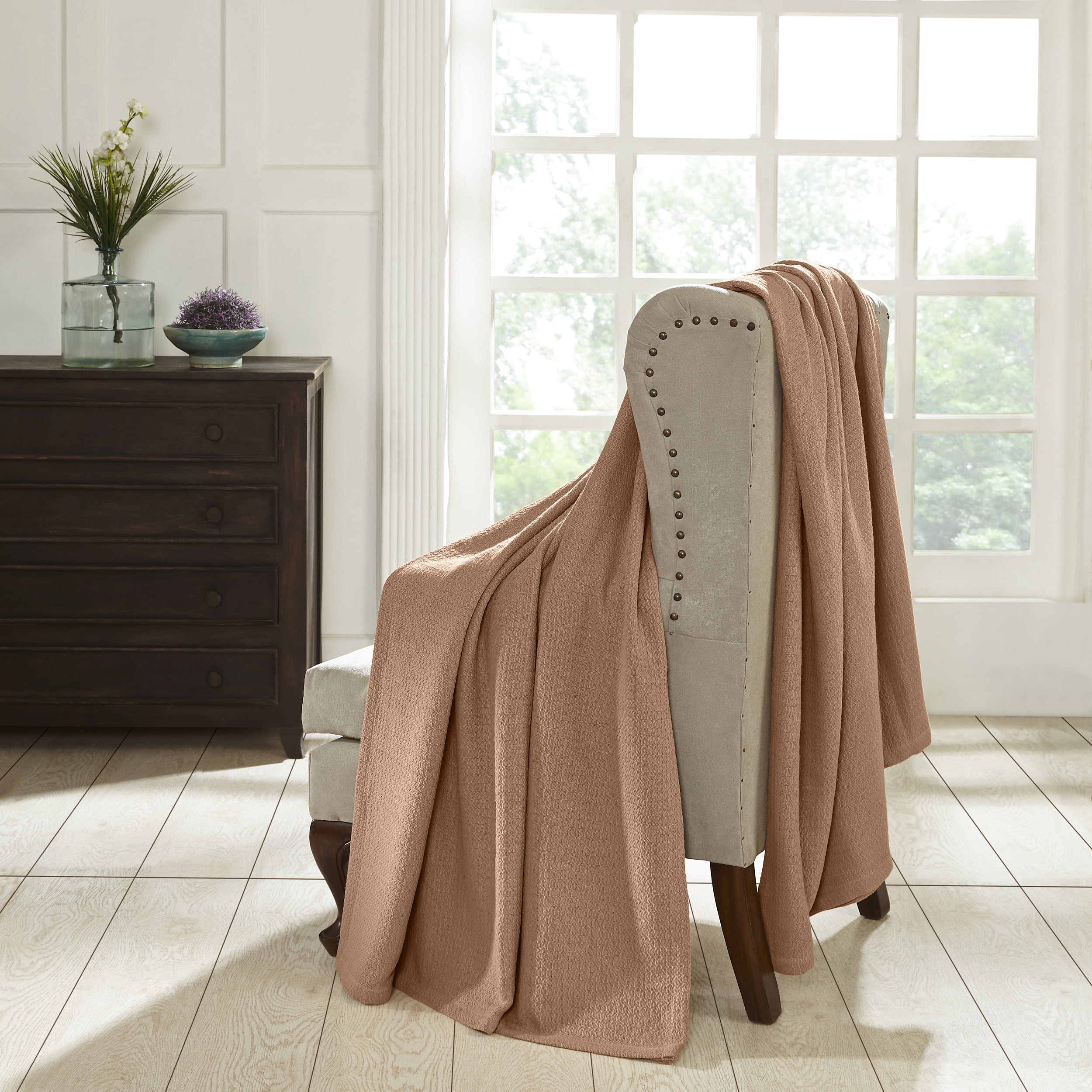 BNM Waffle Weave Honeycomb Knit Cotton Blanket, King, Camel