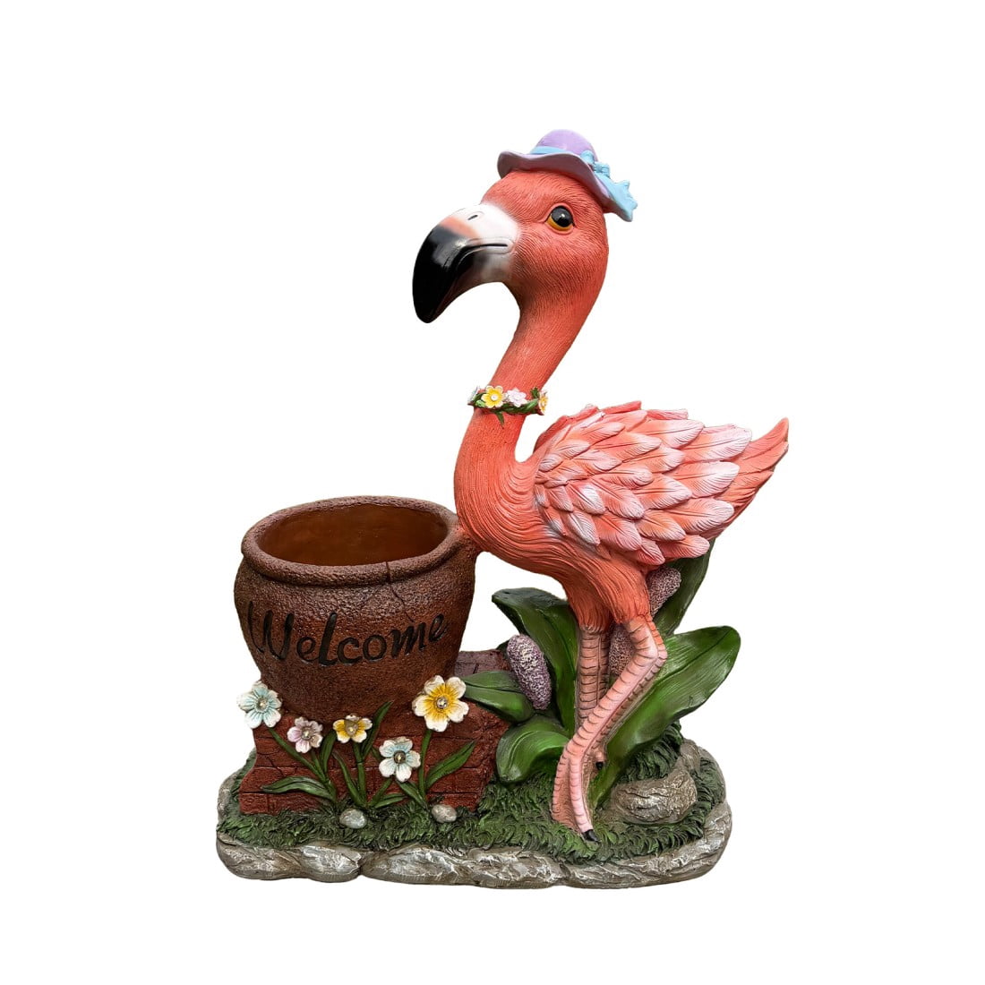 Flamingo Planter Statue with Top Hat and Bowtie Resin Garden Decor Flower Pot with Welcome Sign Outdoor Indoor Patio Porch Accent