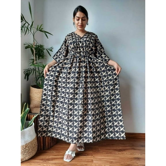 Designer organic Hand Block Black Print Cotton Kaftan, organic kaftan, beach wear, loungewear, cotton boho dress, Maxi Kimono Rabe