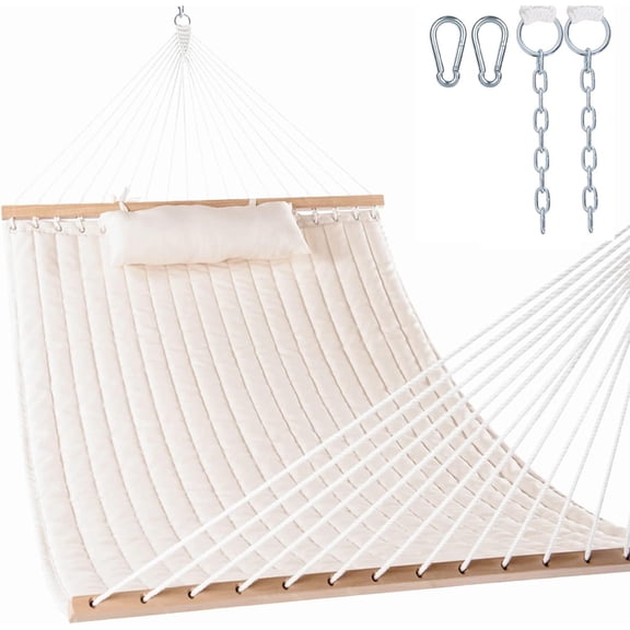 12 FT Double Quilted Fabric Hammock with Spreader Bar and Detachable Pillow, 2 Person Hammock for Outdoor Patio Backyard Poolside, 450lbs Weight Capacity, Natural
