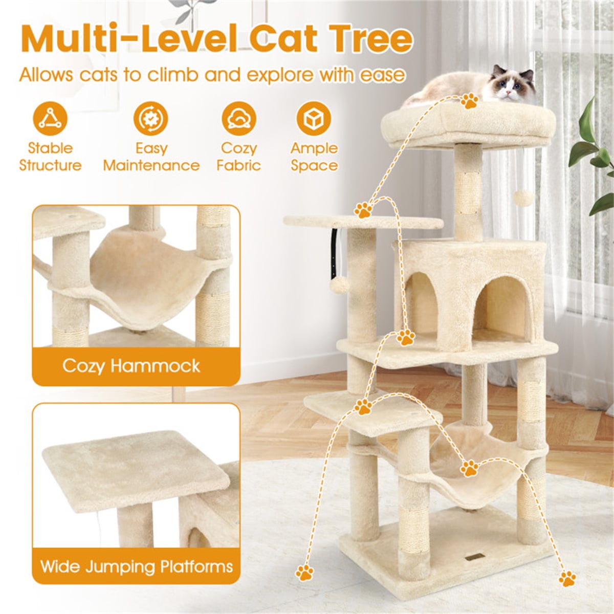 ZephyPaws Cat Tree with Scratching Post for Indoor Cats, 44" Tall Plush Multi-Level Cat Climbing Tower Condo House with Large Hammock, Spacious Cat Cave & Big Padded Top Perch Bed, Beige