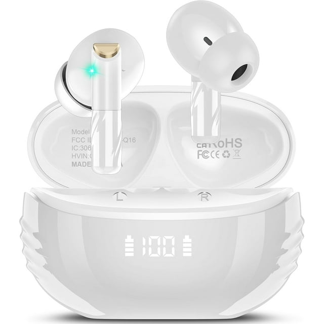 Biwat Écouteurs Sans Fil, Écouteurs Bluetooth 5.4 Stéréo HiFi, Écouteurs Sans Fil avec Micro à Réduction de Bruit ENC, 48H d'Autonomie, Affichage de Puissance LED, Écouteurs Bluetooth Étanches IPX7, Blanc