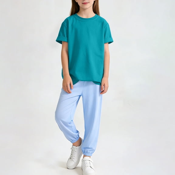 Mifsaly Kids Girls 2 Piece Summer Casual Set Short Sleeve Crewneck T-Shirt and Jogger Sweatpants Breathable Cotton Sport Matching Lounge Outfits 9-10 Years