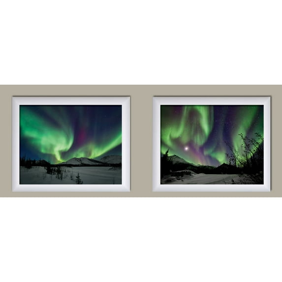 Gorgeous Aurora Borealis Sky Photograph Prints; Two 14x11in White Framed Prints; Ready to hang!