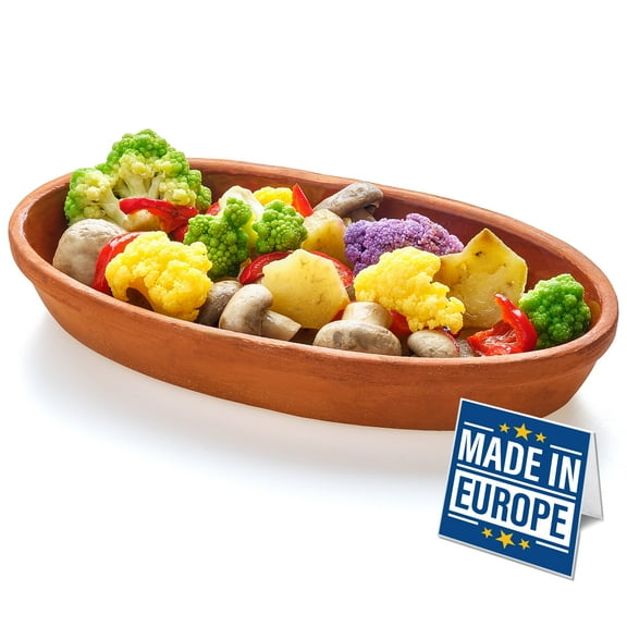 CRYSTALIA Handmade Clay Cooking Pan, Roaster Natural Ceramic Pan for Sausage Fish, Turkish Terracotta Bowl, Glazed Interior Clay Food Serving Dish