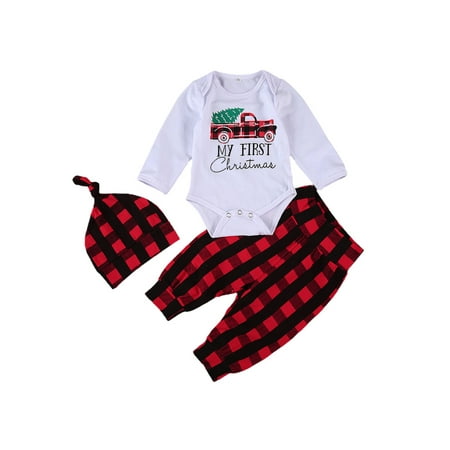 

Nokpsedcb Baby Christmas Letter Print Romper Plaid Trousers Knotted Cap Outfits