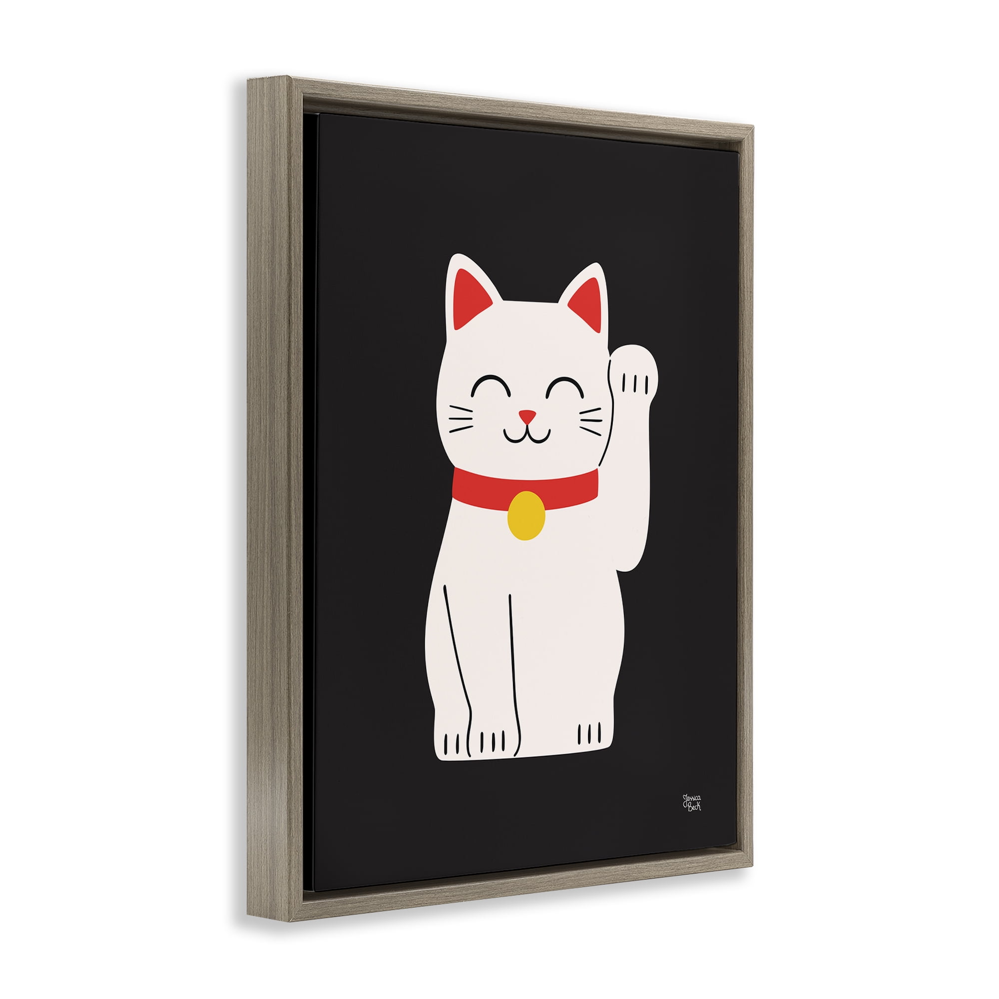 Stupell Industries Maneki Neko Lucky Cat Animals Painting Brown Floater Framed Canvas Art Print Wall Art, 25 x 31