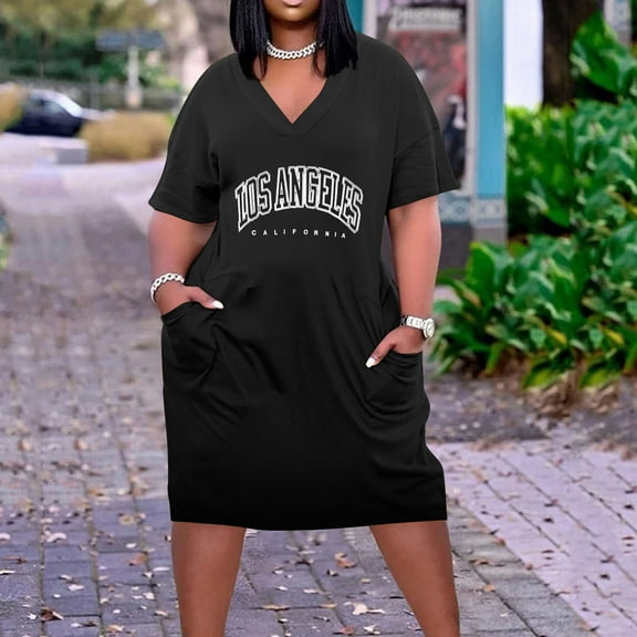 HOMBOM Spring Dresses for Women Black V-Neck Mid-Length A-Line Floral Short Sleeve 2024 Plus Size Dress 4XL