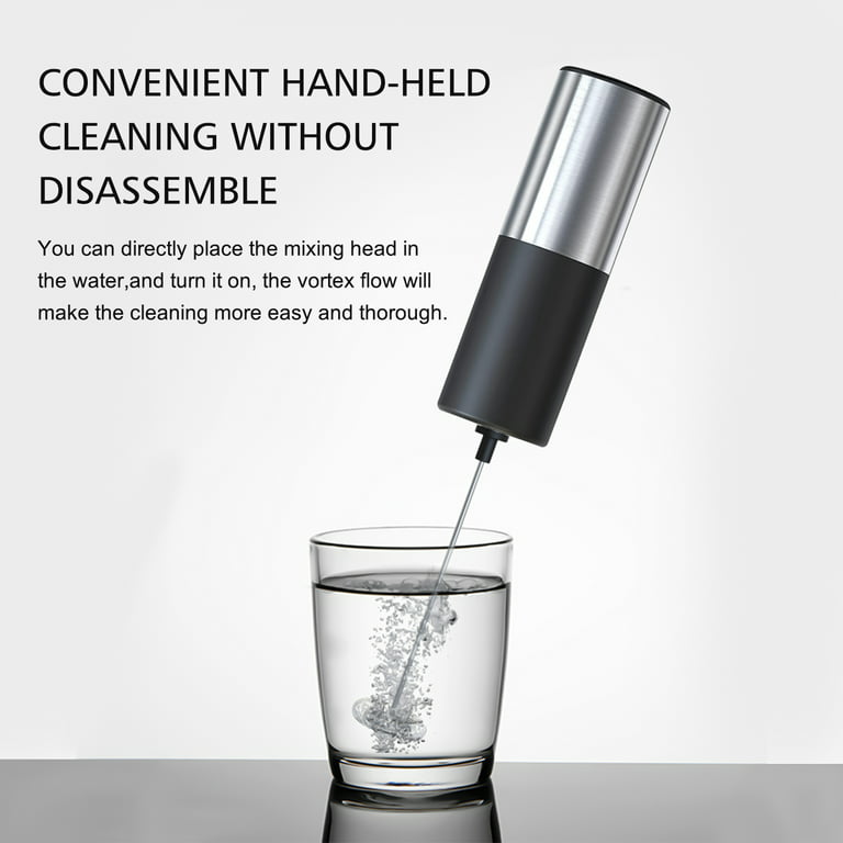 Handheld Electric Milk Frother with Stand - Sleek Black & Wood